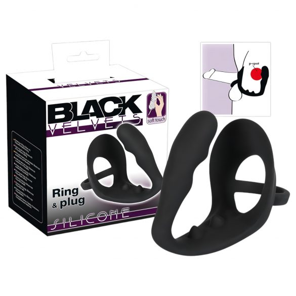 Black Velvet – Wellen-Dildo mit Penis- & Hodenring (schwarz)