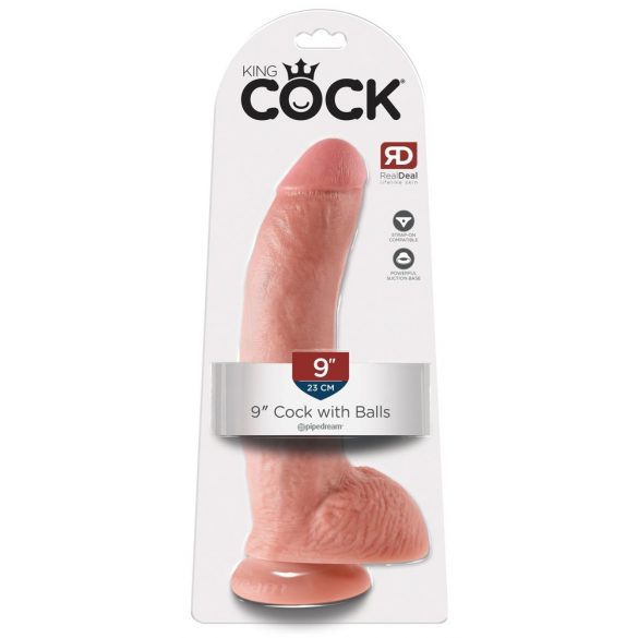 King Cock 9 - großer, haftender, Hoden-Dildo (23cm) - Naturfarben 