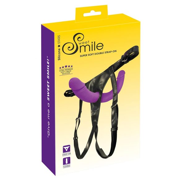 SMILE - Doppel-Dildo zum Anschnallen mit Unterteil (lila-schwarz)