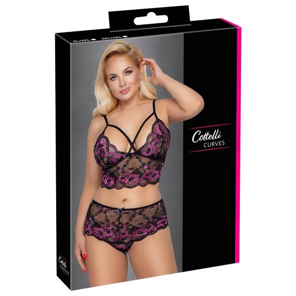 Cottelli Plus Size - Blumiges BH-Set (Schwarz-Lila)  - 3XL/4XL