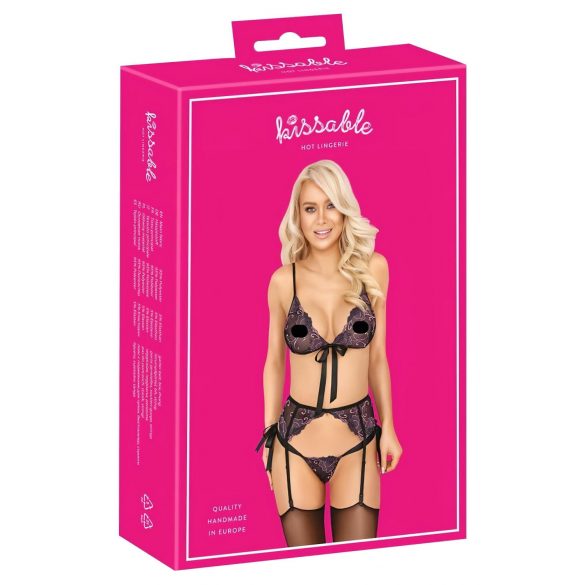 Küssbare Dessous: Schwarz mit rosa-lila Stickerei-Set