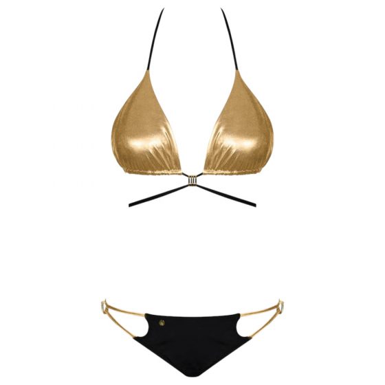 Obsessive Goldivia - Glänzender Bikini mit Halsband (Gold-Schwarz)