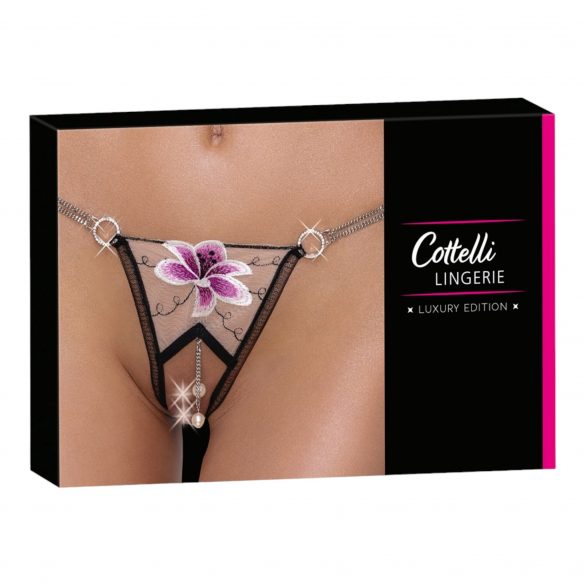 Cottelli - luxuriöser, bestickter Lilien-Tanga (schwarz-weiß)  - M/L