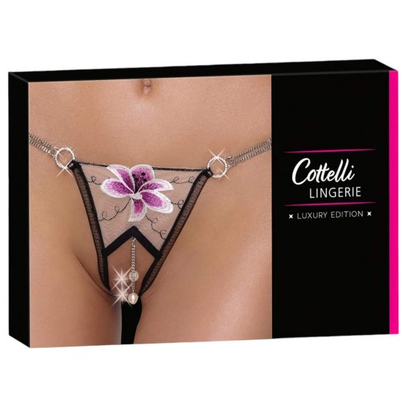 Cottelli - luxuriöser String mit Lilienstickerei (schwarz-weiß) - M/L