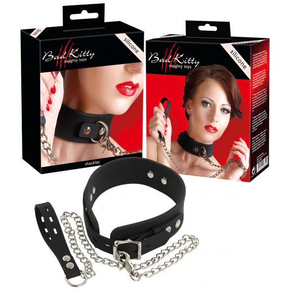 Bad Kitty - Silikon Halsband mit Leine (schwarz) 