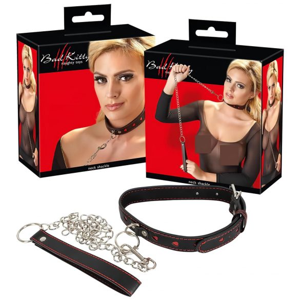 Bad Kitty - Halsband mit Herz, mit Metallleine (schwarz-rot)