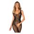 Obsessive G335 - Durchsichtiger, offener Netz-Catsuit mit Blumenmuster (Schwarz) - S-L 