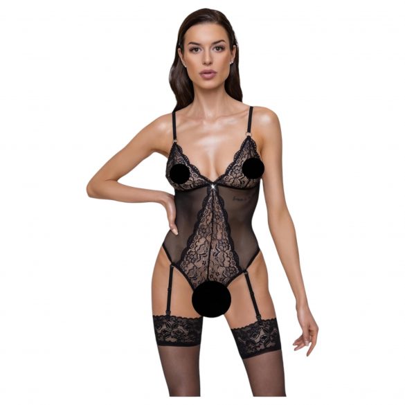 Cottelli - Strumpfhalter, Spitzen-Body mit offenem Schritt (schwarz) - M