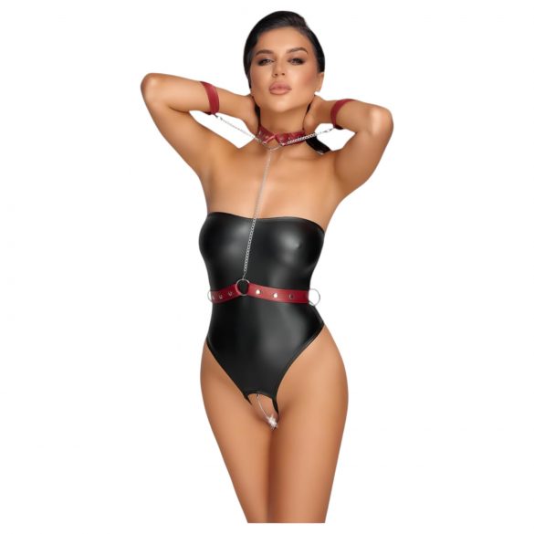 Cottelli Bondage – glänzender Body mit Armfesseln (schwarz-rot)