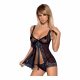 Obsessive Amanta - Bestickter Babydoll mit Tanga (Schwarz-Türkis)  - L/XL