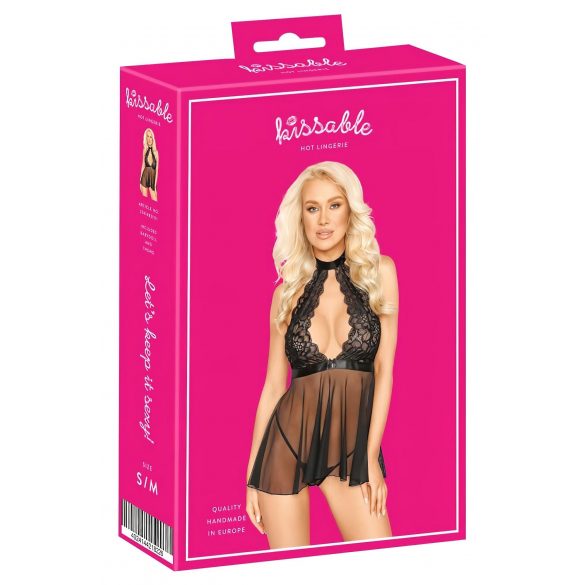 Kissable - Halsband, Spitzen-Babydoll (schwarz) mit Tanga 